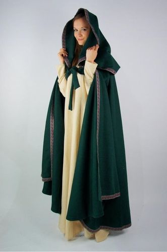 Tung middelalderkappe av uld med hette, grøn