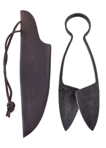 Fjædersaks,lädertaske, håndsmedet, ca.17 cm,