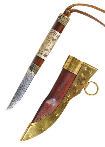 Liten vikingakniv, damaskstål med Torslunda-motiv
