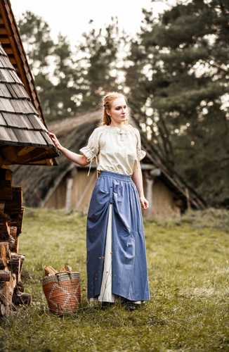 DEIKE -  middelalder nederdel, bomull / hør, blå/naturhvid